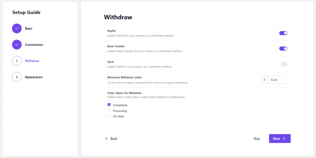 Building Your WordPress Multi-Vendor Marketplace: The Ultimate Dokan Guide 8 Dokan widthraw setup wizard